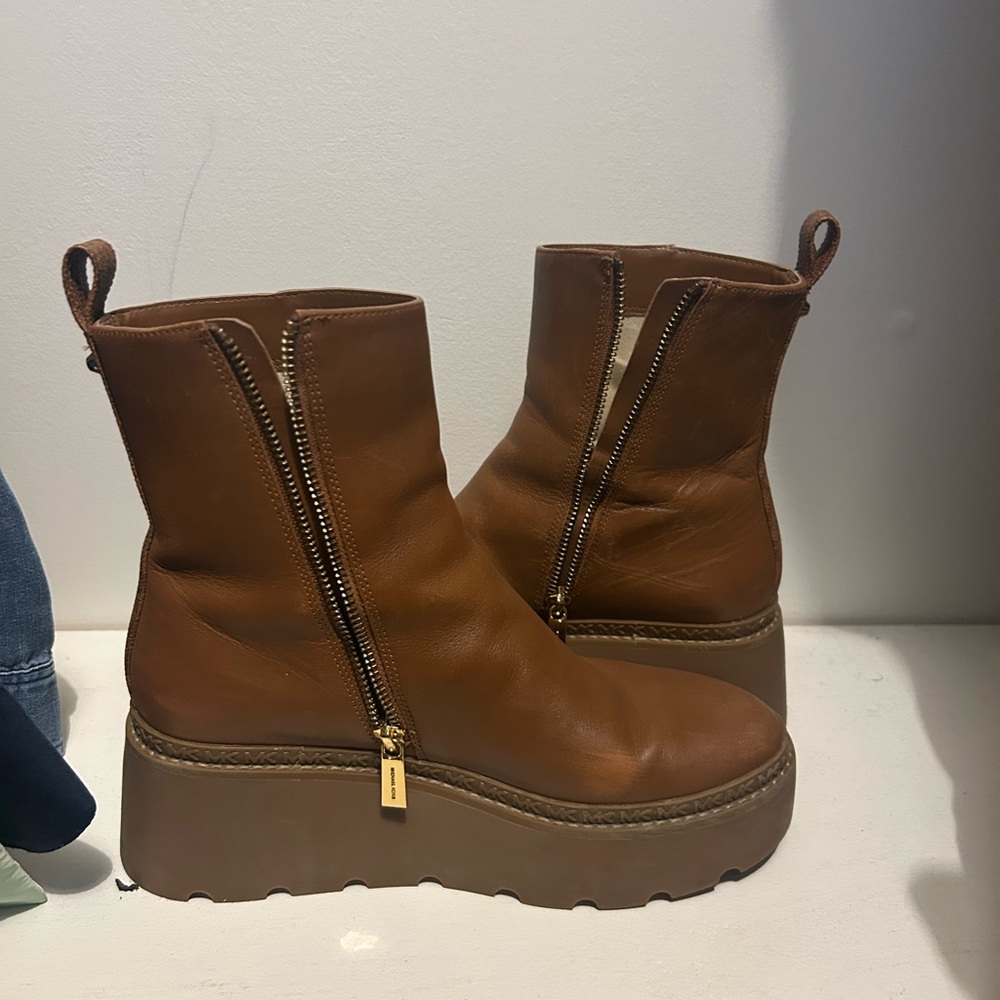 Michael Kors Cognac Platform Zip Ankle Boots